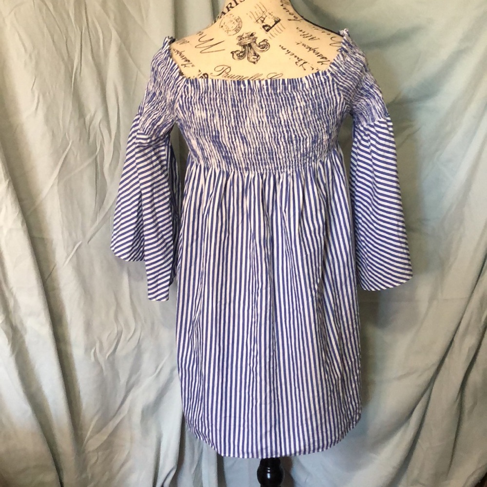 Zara Woman Premium Demin Collection Blue White Flare Sleeve Off Shoulder Dress